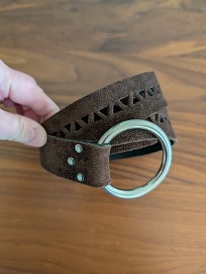 New York & Co Brown Suede Belt Size Large Genuine Leather Bronze Ring Boho Italy - Image 1 of 4