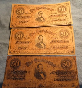 Lote de 3 billetes de Estados Confederados de América $50.00 Richmond 1864 - Imagen 1 de 12
