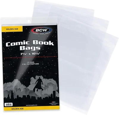 100 bolsas de cómics BCW de la Edad de Oro 7 5/8x10 1/2 funda de almacenamiento segura sin ácido Foto 1 de 4