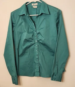 Van Heusen Womens Blouse Size MED Teal Blue Collar Button Up Stretch L/S - Picture 1 of 8