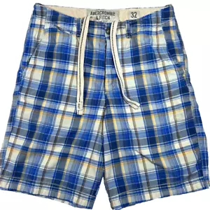 Abercrombie & Fitch Men's Size 32 Blue Check Destroyed Flat Front Bermuda Shorts - Picture 1 of 10
