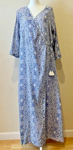Dolma langes Wickelkleid Maxi blau geometrisches Muster Quasten Strand Urlaub Boho Gr. L - Bild 1 von 13