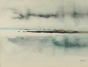 Ilse Beate Jäkel 1907-1982 älteres Aquarell Wasserlandschaft Nebel Insel Gehöft - Bild 1 von 9