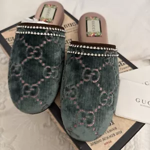 Auth GUCCI GG Velvet Crystal Queen Slippers/slides Sz38 Green - Picture 1 of 14