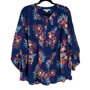 Studio Works Floral Print Blouse Button Tab Sleeve Polka Dot Plus Size 3X Neon - Picture 1 of 7
