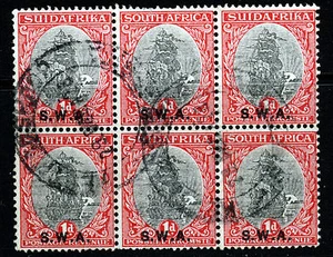 SOUTH WEST AFRICA 1930-31 1d. Black/Carmine Perf 15x14 Bilingual Block SG 69 VFU - Picture 1 of 2