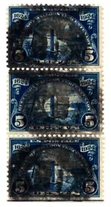 US 1924 #616 - 5c Blue Huguenot-Walloon - Strip of 3 Obliterated Cancel VF Used - Picture 1 of 3