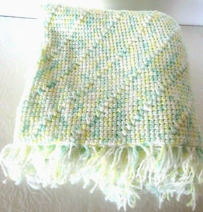 Baby Blanket Afghan Hand Made Crochet Green Yellow White 40" x 20" Fringe Throw - Picture 1 of 6