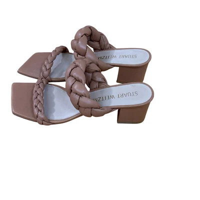 Stuart Weitzman Playa Braided Blook-Heel  Sandals Sz 10.5 Tan Leather Made Spain - Image 1 of 4