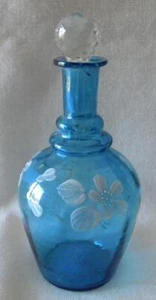 Vintage Blue Glass Barber Bottle; Glaze Painted; Approx. 7 1/2"; Pontil - Picture 1 of 1