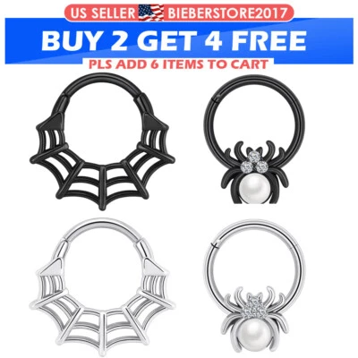 Surgical Steel Septum Clicker 16G Spider Web Halloween Nose Ring Daith Earrings - Image 1 of 4