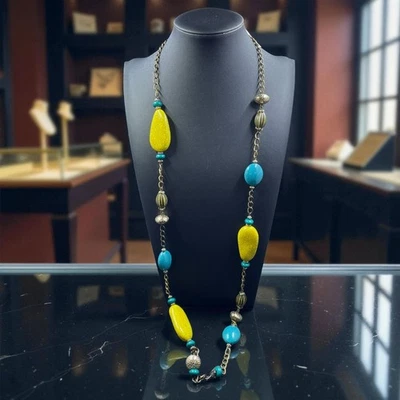 Premier Designs Turquoise Yellow Boho Statement Necklace Chunky Artisan NWT Gift - Image 1 of 4
