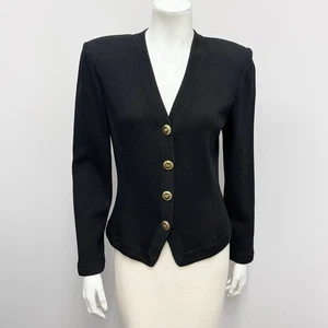 St. John Basics Santana Knit Jacket Black 6 Crest & Enamel Buttons Size S - Picture 1 of 6