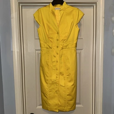 Calvin Klein Yellow Sleeveless V Neck Button Down Belted Sheath Dress Size 2 - Image 1 of 4
