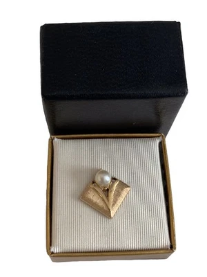 Vintage Gold Tone Swank Faux Pearl Tie Tack Pin Art Deco Design - Image 1 of 3