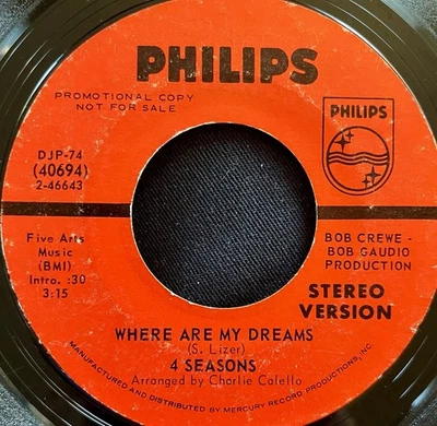 4 Seasons 1970 Where Are My Dreams Promo 45 RPM Record mono/stereo Frankie Valli - Image 1 of 2