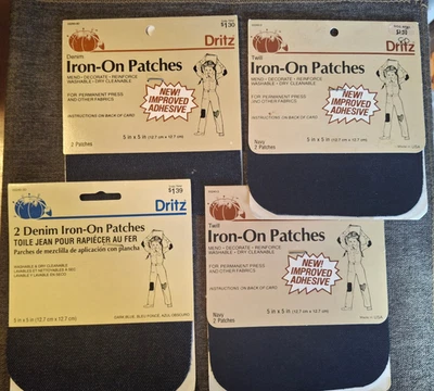 DRITZ IRON ON PATCHES VTG 4 PKG DENIM NAVY REPAIR MENDING CRAFT FABRIC 8total  - Image 1 of 2