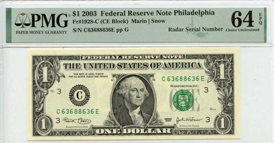 2003 $1 Federal Reserve Note Philadelphia Fr# 1928-C PMG CH64 EPQ Radar - Image 1 of 2