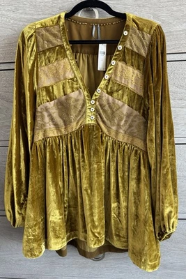 NWT $158 By Anthropologie Gold Long-Sleeve Velvet Lace Babydoll Dress Top XS - Imagem 1 de 3