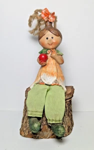 Shelf Sitter Dangling Legs Autumn Young Girl Apple Fall Season Sitting on Stump - Picture 1 of 8