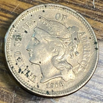 1866 3 Cent Piece Nice Original AU Details Broken Collar Error CHRC - Image 1 of 3