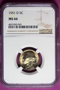 1951 D NGC MS66 Jefferson Nickel #B43703 - Picture 1 of 2