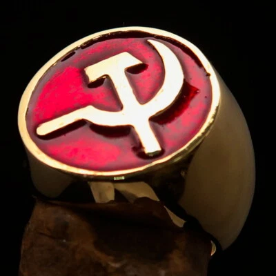 STUNNING MENS BRASS COMMUNIST RING SOVIET HAMMER SICKLE CREST RED - SIZE 13 - Image 1 of 4