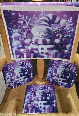 cute purple snowman kitchen set towel,pot holders,dish cloth, cutting board - Image 1 of 2