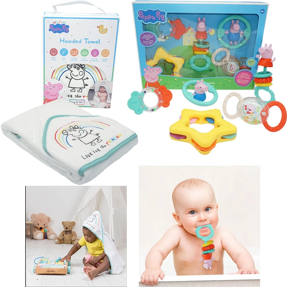Peppa Pig Hooded Towel & Rattle Teether Set – Baby Bath & Teething Gift Bundle - Image 1 of 1