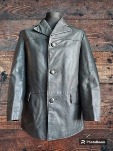 RARE VINTAGE 50's GERMAN HEAVY LEATHER HALF-BELT TRENCH/PEA COAT JACKET SIZE 40" - Picture 1 of 23