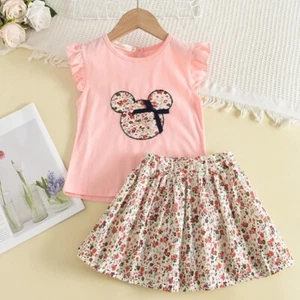 Summer 2Pcs Girls Clothes Sets Floral  Kids Ruffle Sleeve Top and Skirt Outfits - Picture 1 of 23