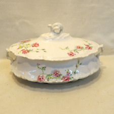 HTF! Antique Laughlin Hudson Casserole Covered Serving Dish White w/ Pink Roses