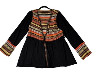 Cárdigan Umgee Negro Multicolor Borde Flecos Lino Mezcla Algodón Boho Talla Pequeña - Imagen 1 de 9