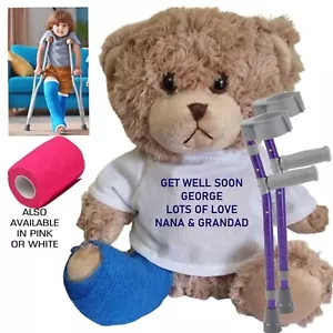 PERSONALISED BEIGE TEDDY BEAR 28CM /11" POORLY GET WELL HOSPITAL HUG ME - Picture 1 of 2
