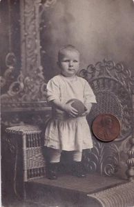 ADORABLE LITTLE BOY IN A DRESS WITH BALL CIRCA 1900 REAL PHOTO POSTCARD RPPC - Picture 1 of 2