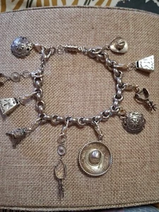 Vintage Sterling Charm Bracelet Western Theme, 10Charms 7.5"-8" Braclet Chunky - Picture 1 of 10