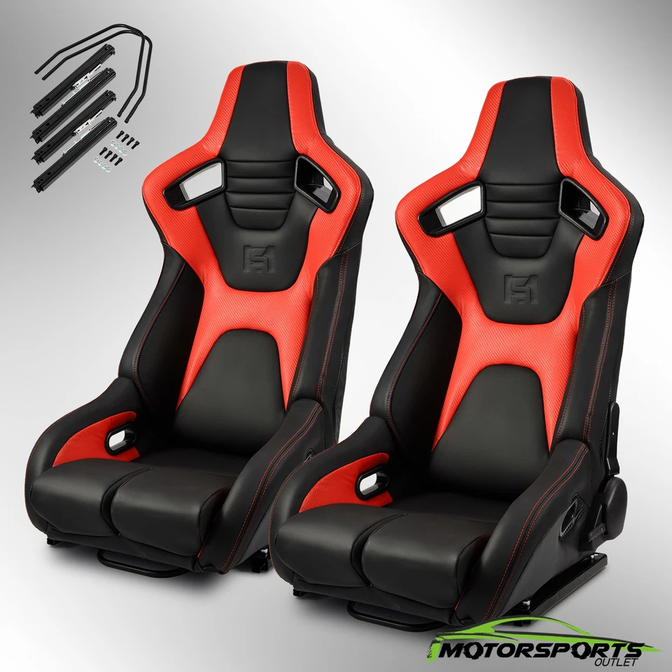 [Venom Series] Black+Red PVC Carbon Fiber Leather Reclinable Racing Seats Pair Foto 1 de 4