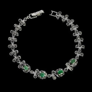 925 Sterling Silver Bracelet Oval Emerald 5x4mm Marcasite Gemstone Jewelry 7.5 - Picture 1 of 14