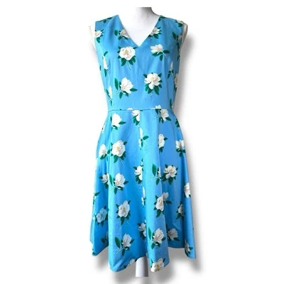 Vestido Draper James Azul Magnolia Floral Ajuste y Acampanado 6, Cuello en V, Sin Mangas, Forrado Foto 1 de 4