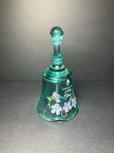 Vintage Fenton Aqua Glass 3.75" Bell Handpainted Purple Flowers Signed - Picture 1 of 3