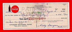 1952 Coca Cola Tell City Ind Old Bottling Co Check #664 - Foto 1 di 1