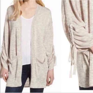 Trouve Women's Linen Blend Open Front Tie Sleeve Cardigan in Tan Size Large - Bild 1 von 10