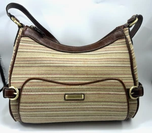 Handtasche geflochten bunt Stoff braun Lederbesatz & Riemen versteckte Tasche Sonnenbrillen - Bild 1 von 9