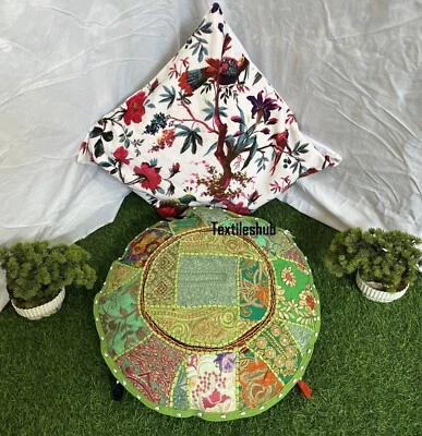 Indien Green Round Pillow Cushion Cover Floor Patchwork Throw Boho Décor Cover - Image 1 of 4