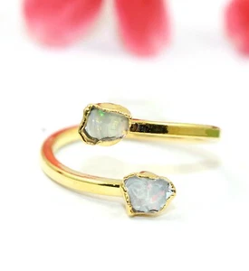 Natural Raw Ethiopian Opal Double Stone Birthstone Gold Electroplated Rings Her - Picture 1 of 2