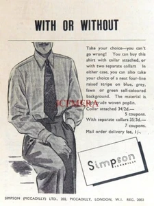 WW2 SIMPSON Piccadilly Men's Shirts Advert, Small Original 1944 Print : 666/40 - Picture 1 of 1