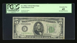 DBR 1934 $5 FRN DGS Mule Philadelphia Fr. 1956-Cdgsm PCGS 45 Serial C32157281A - Picture 1 of 2