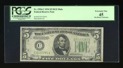DBR 1934 $5 FRN DGS Mule Philadelphia Fr. 1956-Cdgsm PCGS 45 Serial C32157281A - Image 1 of 2