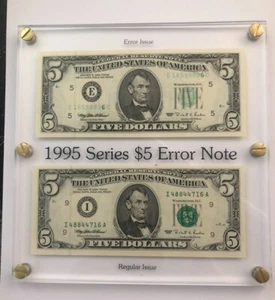 FRAMED $5 INK-JET CLOGGED ERROR & REGULAR 1995 NOTES with PART MISSING SERIAL + - Picture 1 of 2