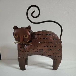 Tin Metal Cat Candle Tea Light Holder Indoors outdoors 11" Brown Perforated - Picture 1 of 12